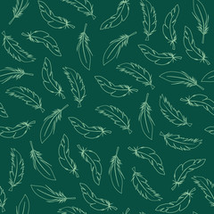Feather on green background seamless pattern texture