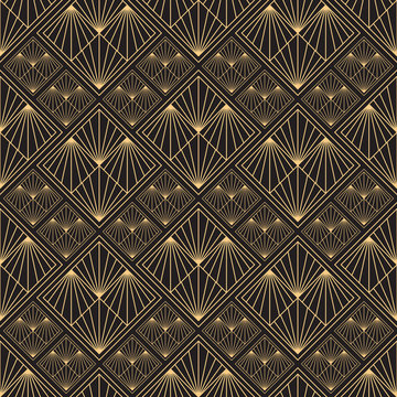 Gold pattern for perfume. Linear geometric Art Deco bricks. 20s retro style. Luxury seamless pattern. Packaging or menu design. Vector. Golden tiles.