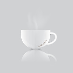 White realistic cappuccinno coffee cup with white smoke isolated on white background.