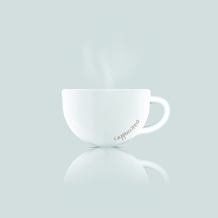White realistic cappuccinno coffee cup with white smoke isolated on white background.