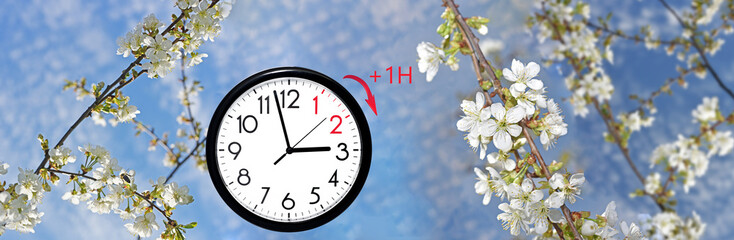Fototapeta na wymiar Daylight Saving Time (DST). Blue sky with white clouds and clock. Turn time forward (+1h).