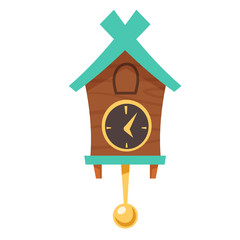 Old cuckoo clock. Vector cartoon illustration of wooden grandfather wall clock with gold pendulum and cabin for bird isolated on white background. Vintage watch with reminder