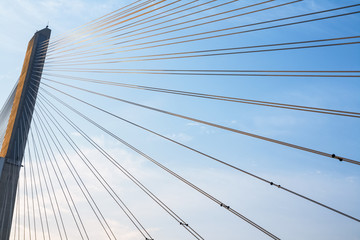 cable stayed bridge closeup in early morning