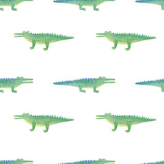 Crocodile seamless pattern in childish cartoon style on white background. Watercolor and pencil hand drawn funny crocodiles for children textile, print, bacground, wallpapper, fabric. Cute aligator. 