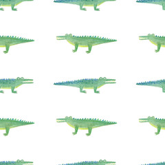 Crocodile seamless pattern in childish cartoon style on white background. Watercolor and pencil hand drawn funny crocodiles for children textile, print, bacground, wallpapper, fabric. Cute aligator. 
