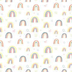Childish style watercolor rainbow pattern in vintage colors. Seamless pattern on white background. For childrens, kids textile, baby  fashion. Trend palett for spring, summer season. Abstract pattern.