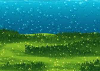 Obraz premium air bubbles on background of the sea floor with grass