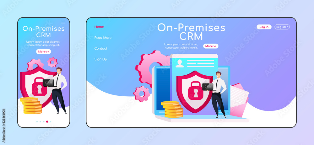 Poster on premises crm adaptive landing page flat color vector template. smiling male keeps laptop mobile a