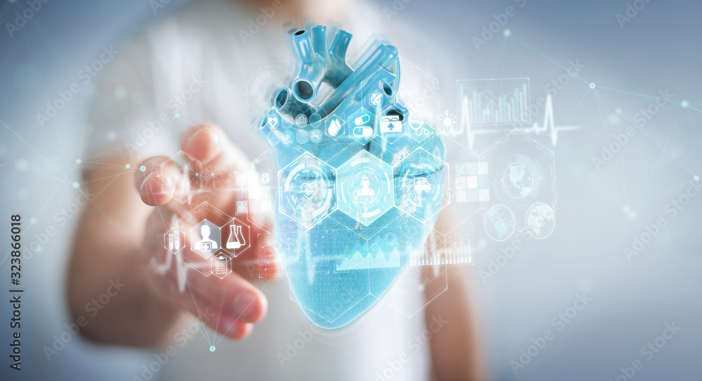 Poster Man using digital x-ray of human heart holographic scan projection 3D rendering