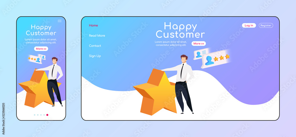 Poster happy customer adaptive landing page flat color vector template. smiling man with star mobile and pc