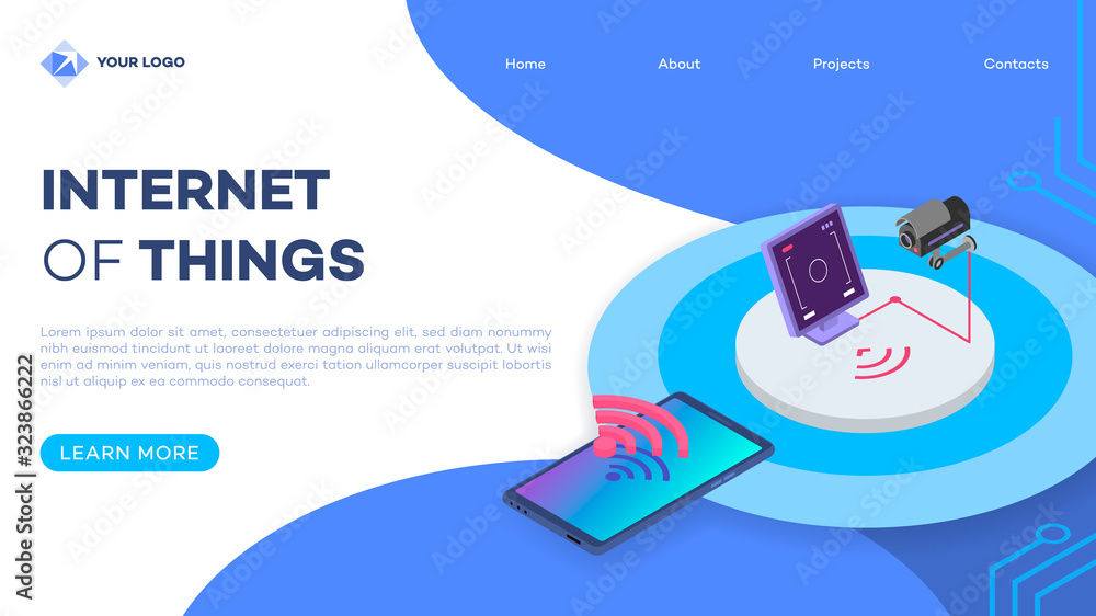 Poster security system landing page vector template with isometric illustration. surveillance camera remote