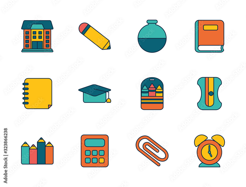 Poster isolated school line fill style icon set vector design