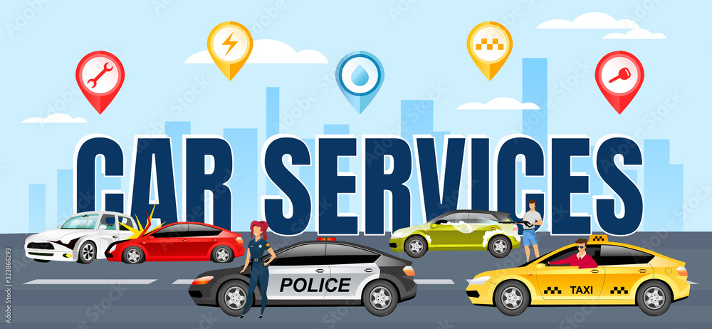 Poster car services word concepts flat color vector banner. typography with tiny cartoon characters. traffi