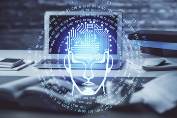 Double exposure of table with computer and brain hologram. Data innovation concept.