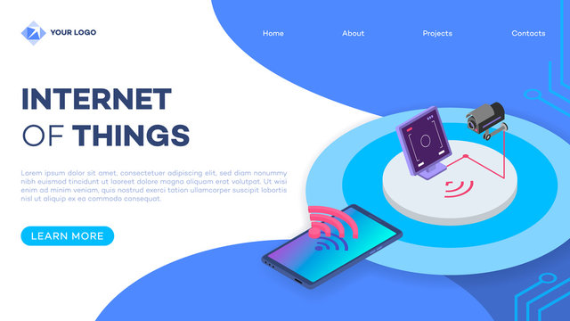 Security system landing page vector template with isometric illustration. Surveillance camera remote control, monitoring smartphone app. Website interface design. Webpage 3d concept