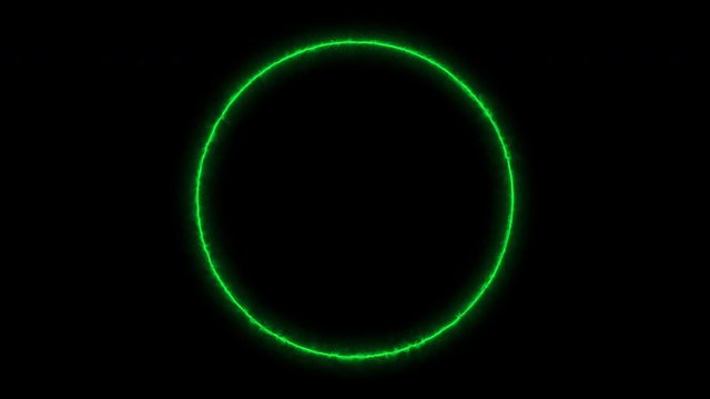 Empty circle, wheel frame with electric power border glowing, burning flame sign. Blank circle fire with electric power around frame lights. The best stock of animation round green electric power