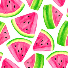 Watercolor juicy watermelon slice seamless pattern. Hand drawn colorful illustration isolated on white background for decoration, packaging, wrapping, cards, design