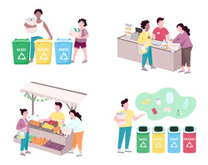People sorting trash flat color vector faceless characters set. Customers using reusable bags for grocery, making purchases. Zero waste lifestyle isolated cartoon illustrations on white background