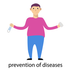 Vector flat image of disease prevention, a person with a medical mask and pills thinks what to choose