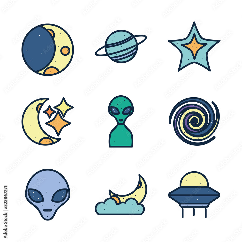 Poster isolated space line fill style icon set vector design