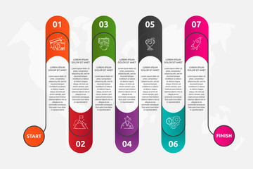 Abstract vector road timeline infographic. Vector illustration with 7 labels. Seven steps for content, flowchart, timeline, levels. Path step by step
