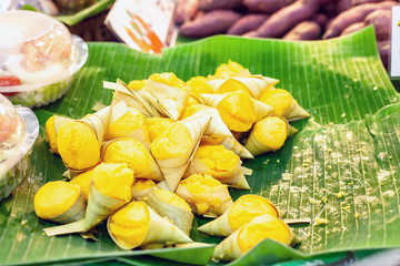 Thai dessert Toddy palm cake in leaf cup