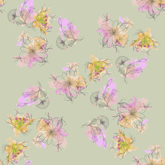 seamless watercolor pattern with painted pink-yellow flowers on a gray-green background..