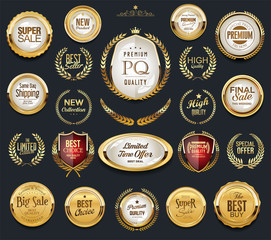 Golden badge labels and laurel retro vintage collection  - obrazy, fototapety, plakaty