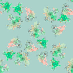 seamless watercolor pattern with painted pink-blue flowers on a light pink background.