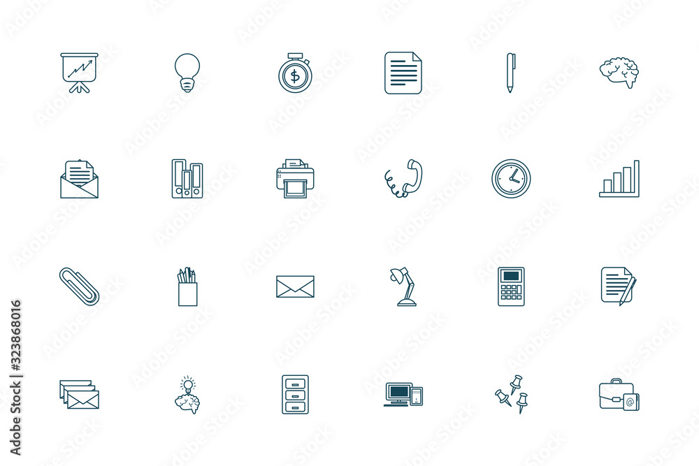 Poster office and business line style icon set vector design