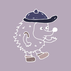 Hand drawn vector illustration funny hedgehog in a cap and sneakers. Cartoon character element for greeting cards, posters, T-shirts, cups, stickers and design.