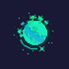 Pixel art cartoon planet with tree icon.
