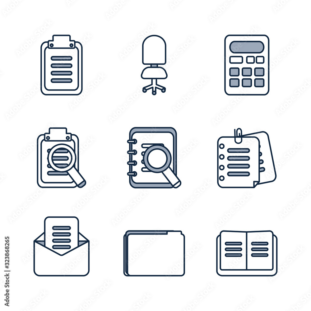 Poster isolated office half line half color style icon set vector design