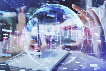 Forex chart displayed on woman's hand taking notes background. Concept of research. Multi exposure