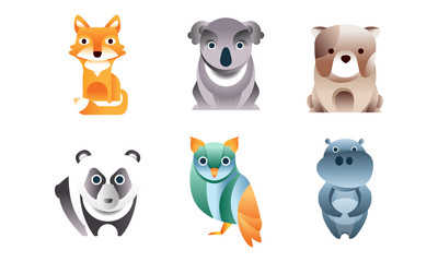 Cute Stylized Wild Animals Collection, Fox, Dog, Koala, Panda, Owl, Hippo Vector Illustration