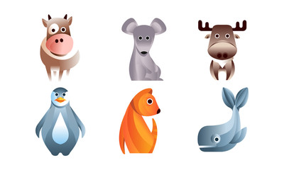 Cute Stylized Wild Animals Collection, Cow, Mouse, Moose, Penguin, Whale Vector Illustration