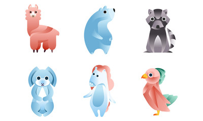 Cute Stylized Wild Animals Collection, Llama, Polar Bear, Raccoon, Hare, Horse, Bird Vector Illustration
