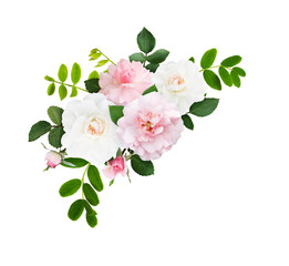 Pink and white rose flowers and buds in a corner arrangement