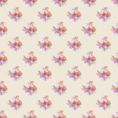 Seamless watercolor pattern with painted flowers in pink colors on a light background..