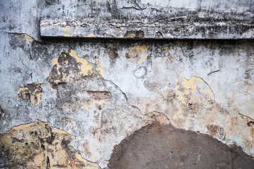 plain old aged white colored painted faded weathered textured pattern on cracked cement concrete house wall surface background. Detailed backdrop, abstract design and structural architecture concept
