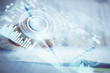 International business hud over woman's hands writing background. Concept of hard work. Double exposure