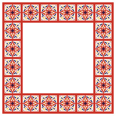 Tile frame vector. Mosaic border ceramic pattern. Blue, yellow and red ornamental design. Moroccan arabesque, portuguse azulejos, mexican talavera, spanish, italian sicily majolica motifs.