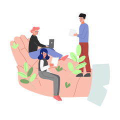 Giant Human Hands Holding Tiny Employees, Office Staff Care, Support, Professional Growth, Personnel Benefits Vector Illustration