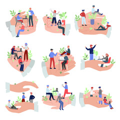 Giant Hands Protecting Office Employees Set, Office Staff Care, Support, Professional Growth, Personnel Perks and Benefits Vector Illustration