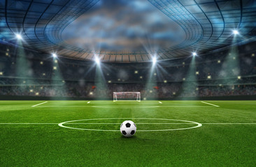 Fototapety  piłka na zielonym polu na stadionie piłkarskim. gotowy do gry w pomocy