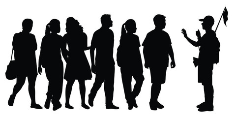 Group of tourist with guide silhouette vector - obrazy, fototapety, plakaty