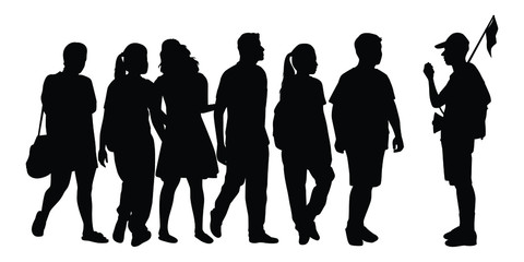 Group of tourist with guide silhouette vector