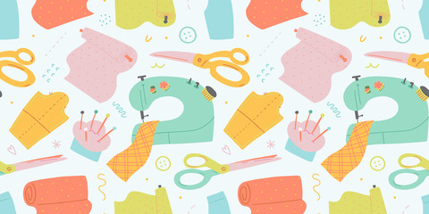 Sewing pattern, seamless vector background with sewing tools, sewing machine, scissors and fabric rolls, trendy flat hand drawn illustration, repeat backdrop for tailor shop or workshop, pastel color