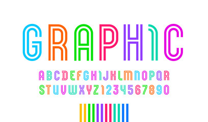 Trendy bright font, vibrant colored festive alphabet, uppercase letters from A to Z and numbers from 0 to 9 for you designs: logo, t-shirt, poster, childish cards and more, vector illustration 10EPS
