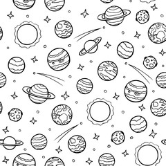 Cosmos seamless pattern. Planets, stars, celestial bodies of the solar system, hand drawn doodles. Background universe for banners, textiles, packaging, scrapbooking paper. Stock vector illustration.